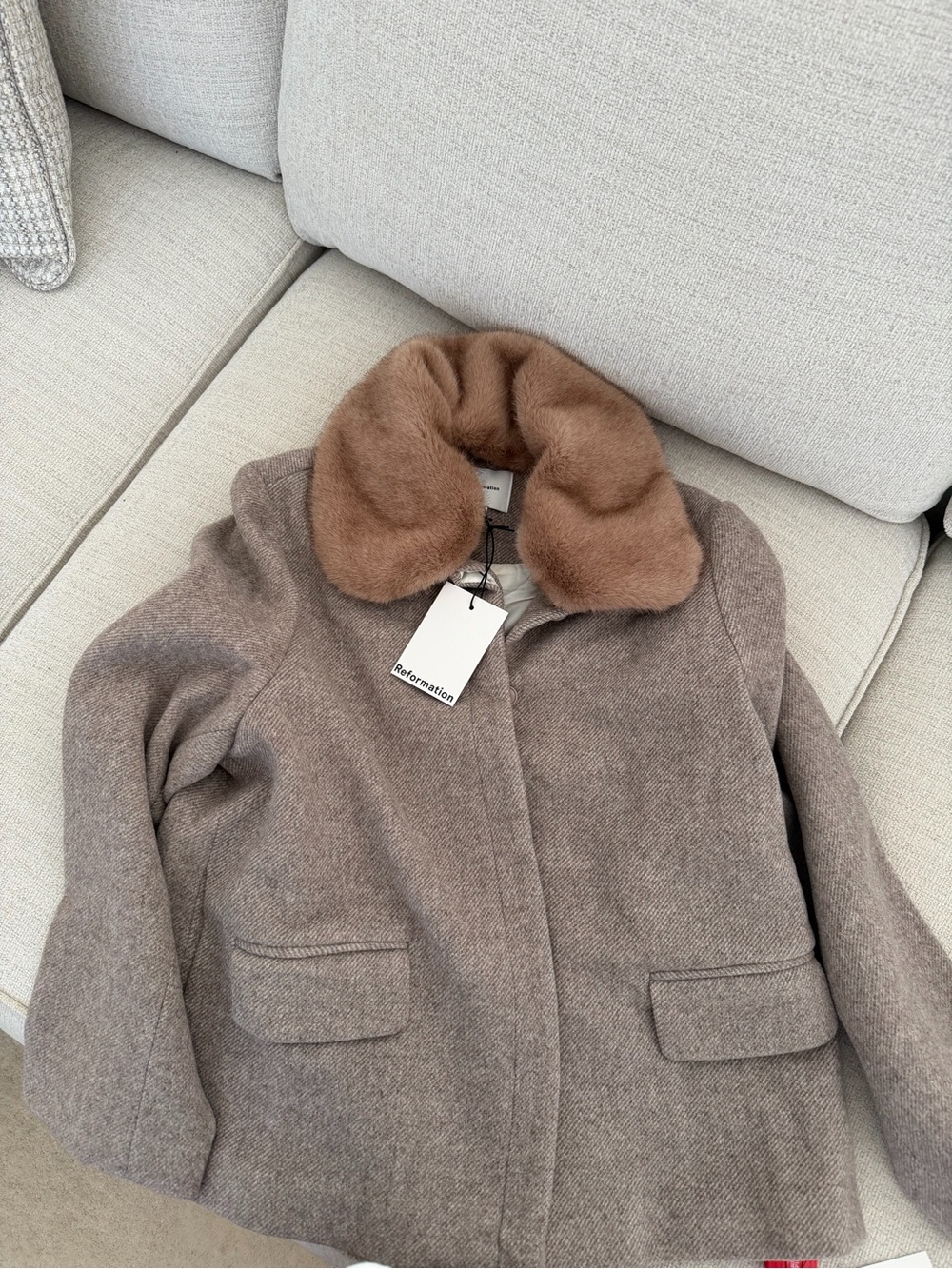 Reformation Taupe Coat with Brown Faux-Fur Collar